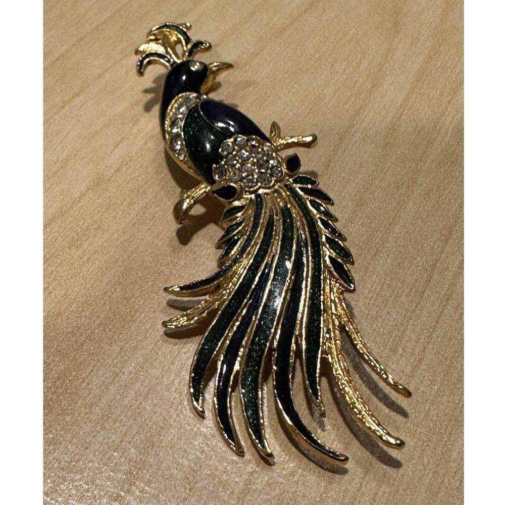 Vintage Gold Tone Peacock Brooch Pin Enamel Rhinestone Jewel Tone Bird